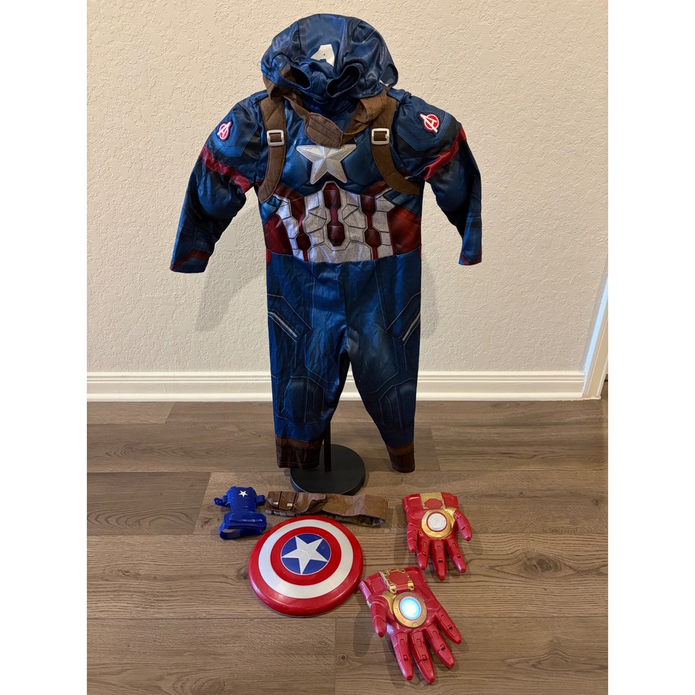Disney Store Captain America Costume Set with Shield and Iron Man Gloves Size 3